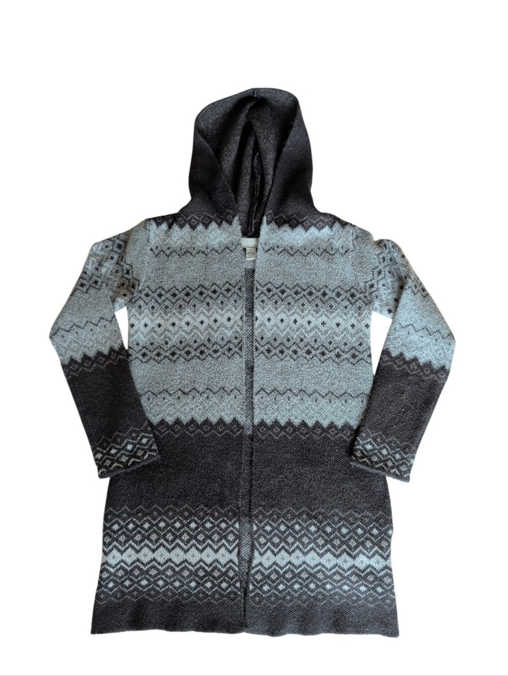 By Design "Apollo" Hooded Fair Isle Longline Cardigan Sweater MEDIUM Black Gray